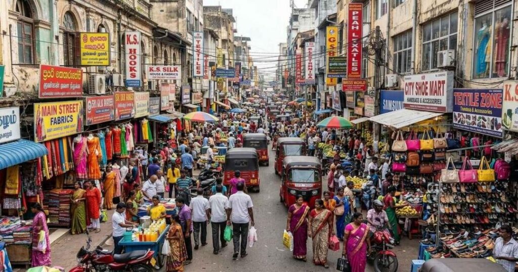 Crowded market stalls selling spices and textiles in Colombo's Pettah district